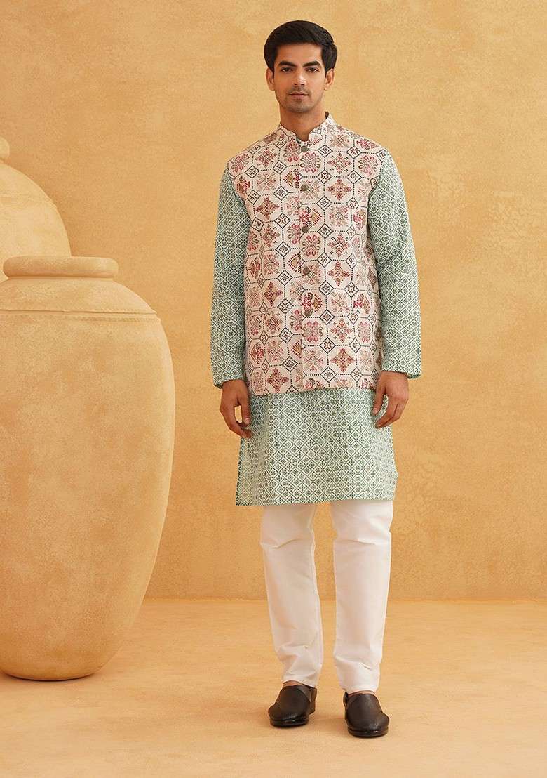 Sea Green Ethnic Motifs Poly Blend Kurta Set For Men - Indya