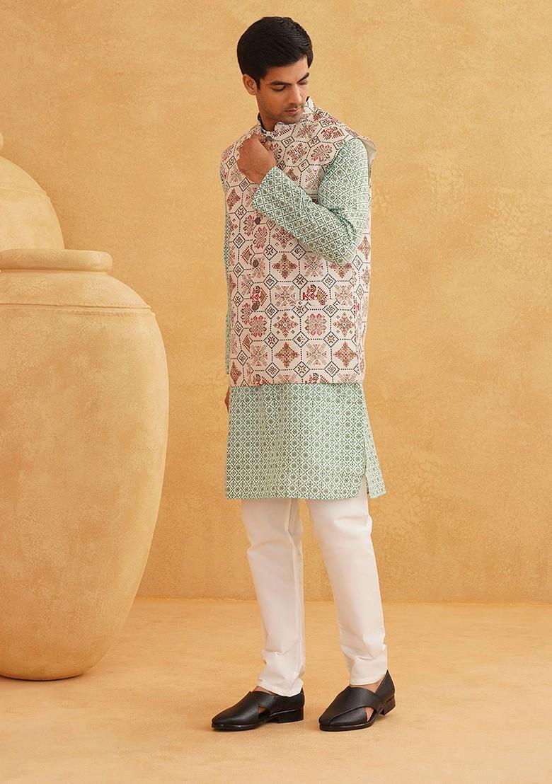 Sea Green Ethnic Motifs Poly Blend Kurta Set For Men