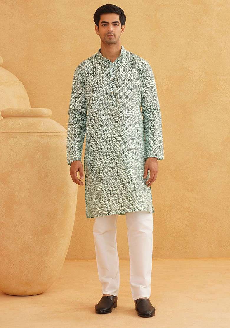 Sea Green Ethnic Motifs Poly Blend Kurta Set For Men - Indya
