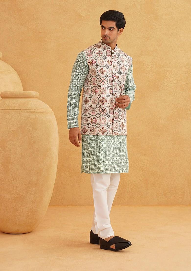 Sea Green Ethnic Motifs Poly Blend Kurta Set For Men