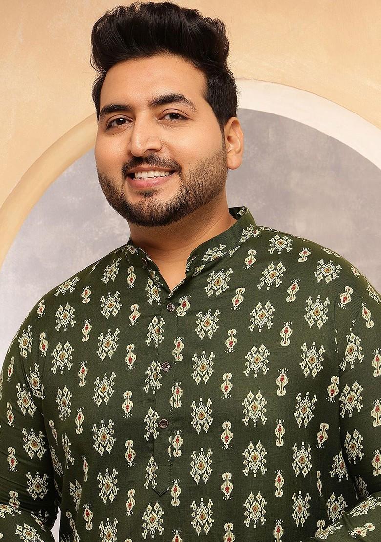 Green Ethnic Motifs Poly Blend Kurta Set For Men