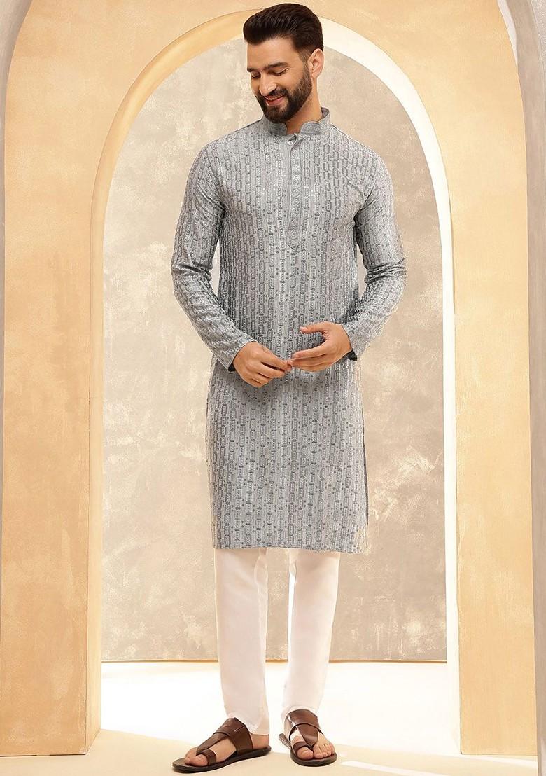 Grey Embroidered Poly Blend Kurta Set For Men
