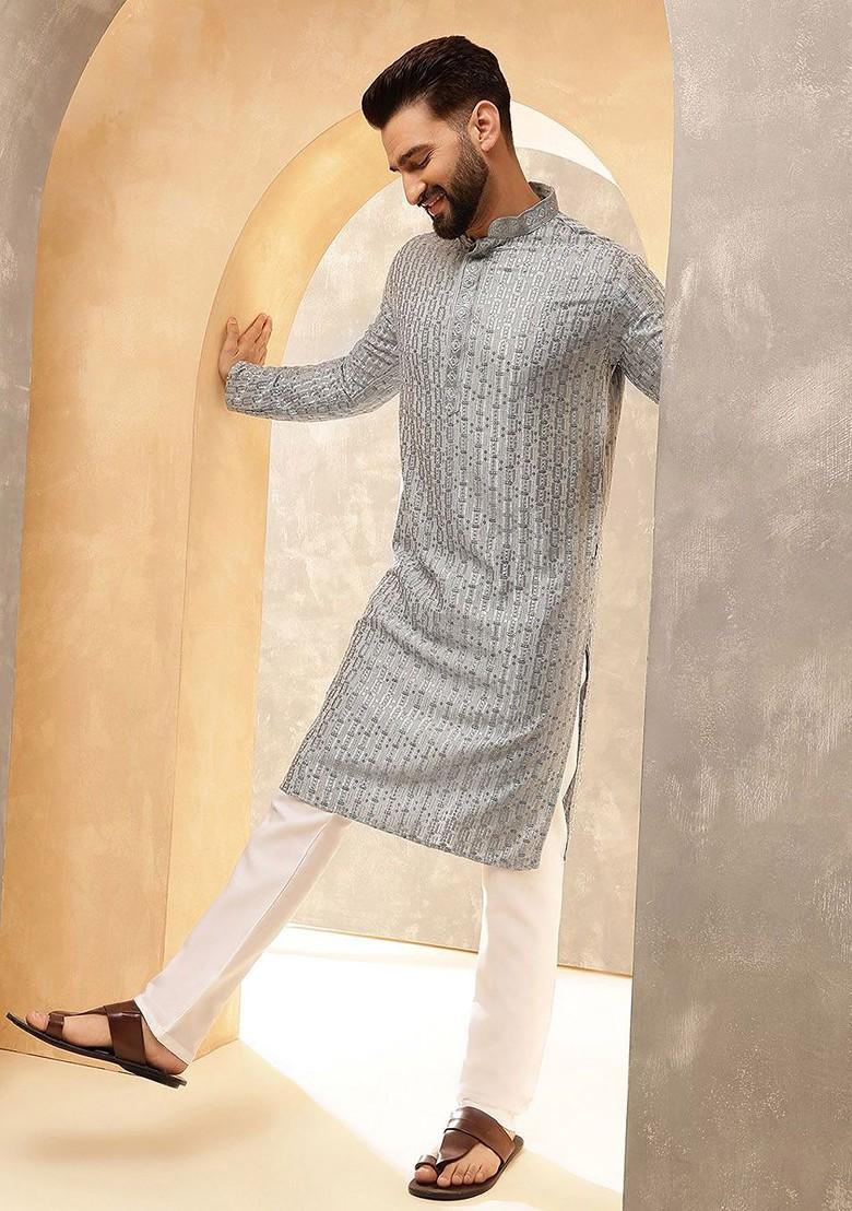 Grey Embroidered Poly Blend Kurta Set For Men