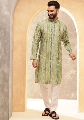 Green Ethnic Motifs Cotton Kurta Set For Men