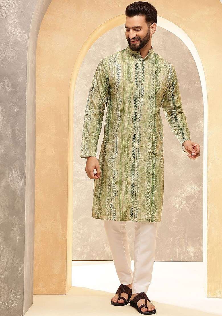 Green Ethnic Motifs Cotton Kurta Set For Men - Indya