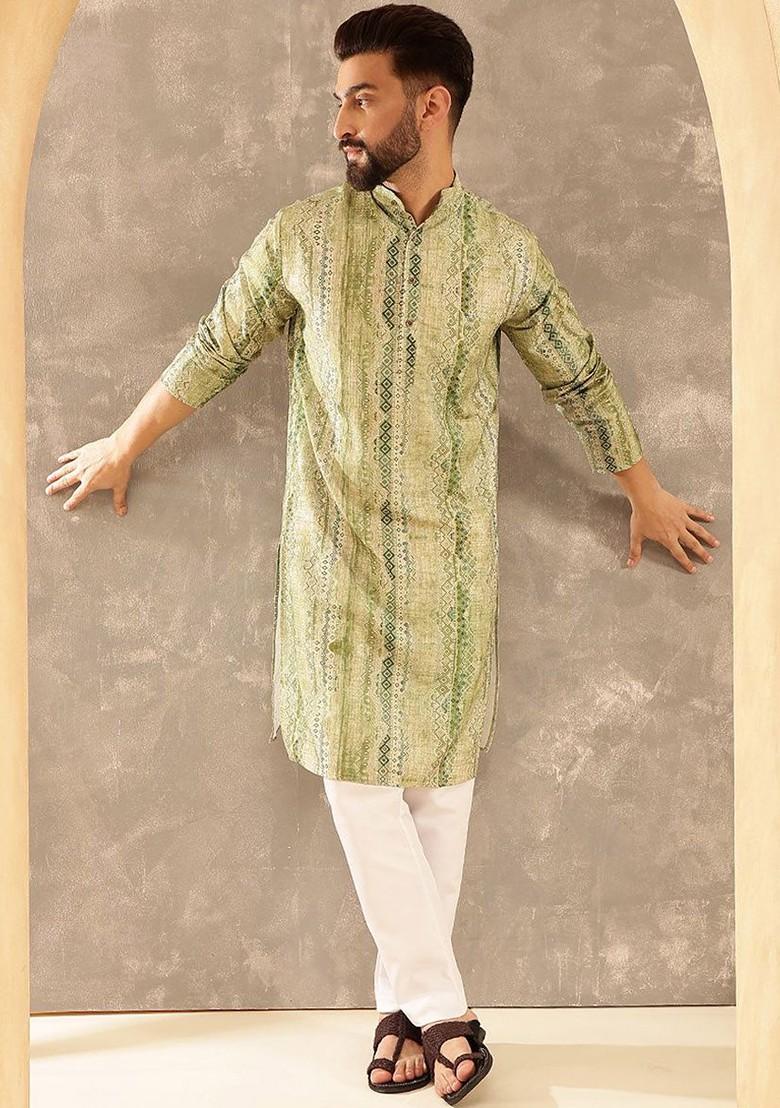 Green Ethnic Motifs Cotton Kurta Set For Men