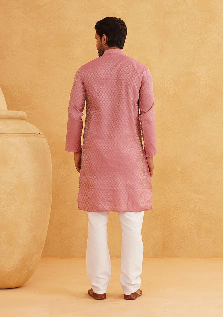 Pink Thread Work Poly Blend Kurta Set For Men