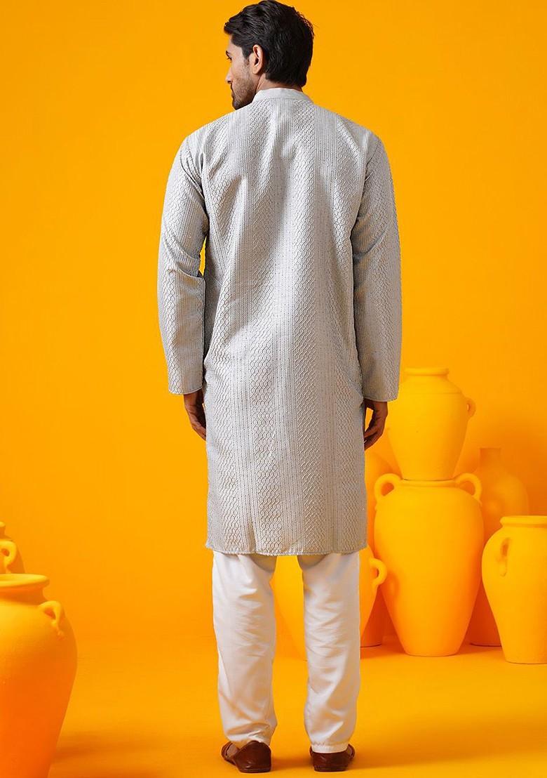 Grey Thread Work Poly Blend Kurta Set For Men