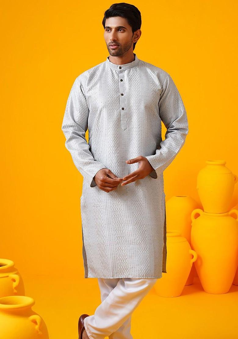 Grey Thread Work Poly Blend Kurta Set For Men