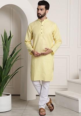 Yellow Woven Poly Blend Kurta Set For Men