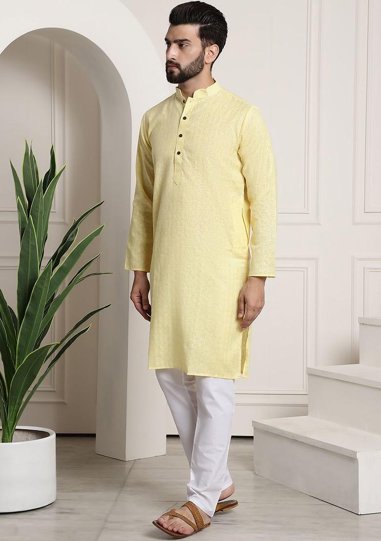 Yellow Woven Poly Blend Kurta Set For Men