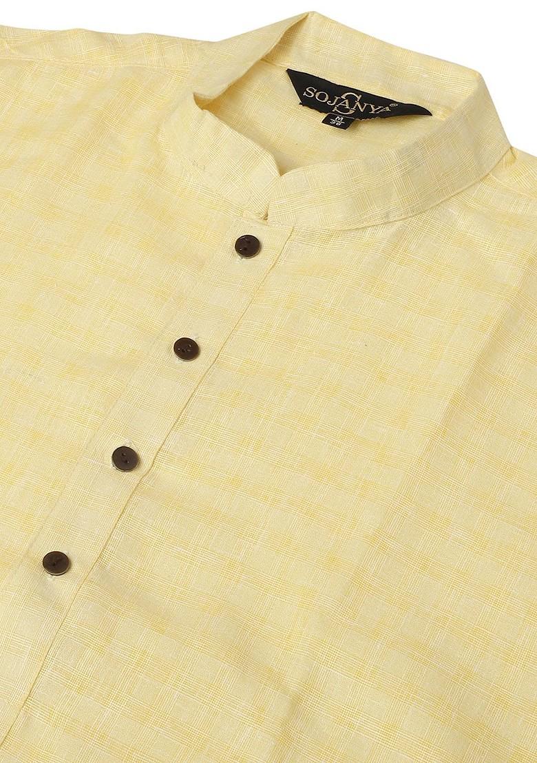 Yellow Woven Poly Blend Kurta Set For Men