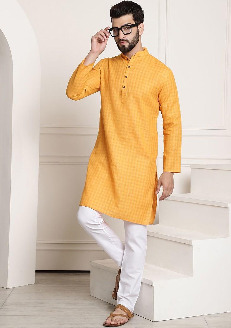 Mustard Woven Poly Blend Kurta Set For Men