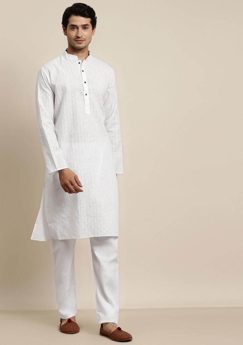 White Solid Poly Blend Kurta Set For Men
