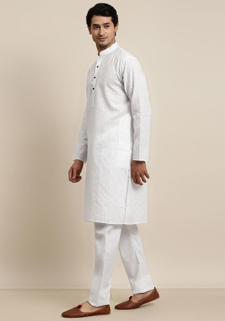 White Solid Poly Blend Kurta Set For Men
