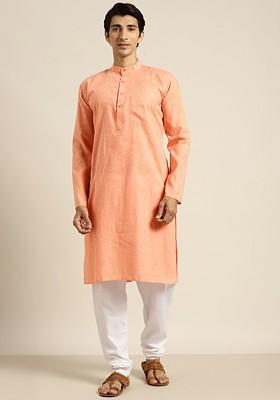 Peach Solid Poly Blend Kurta Set For Men