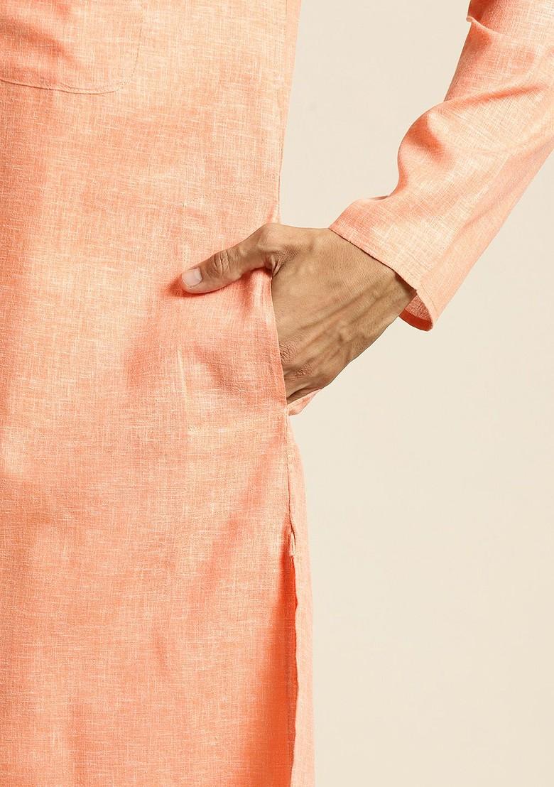 Peach Solid Poly Blend Kurta Set For Men
