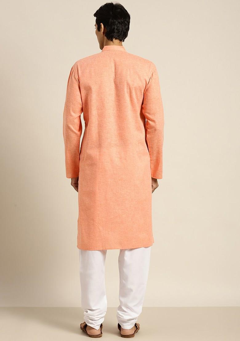 Peach Solid Poly Blend Kurta Set For Men