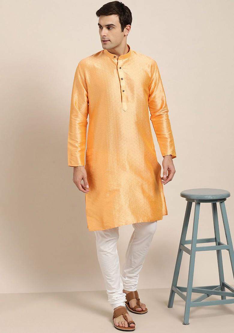 Orange Solid Poly Blend Kurta Set For Men