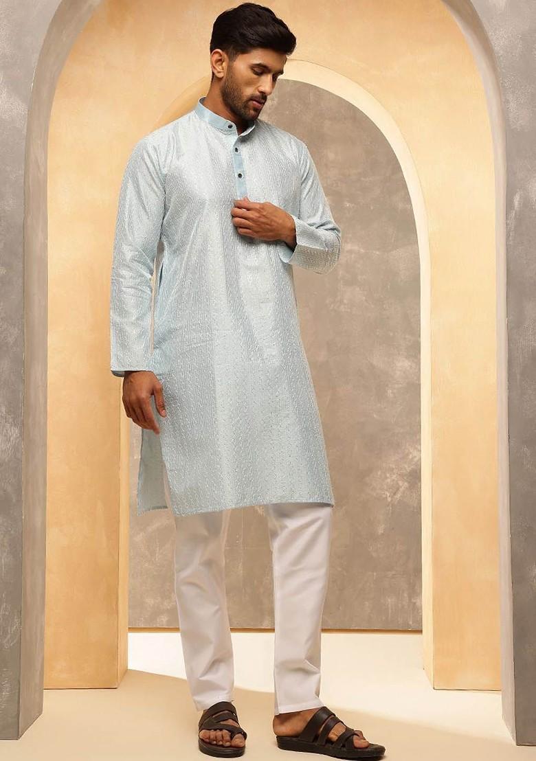 Turquoise Blue Striped Poly Blend Kurta Set For Men