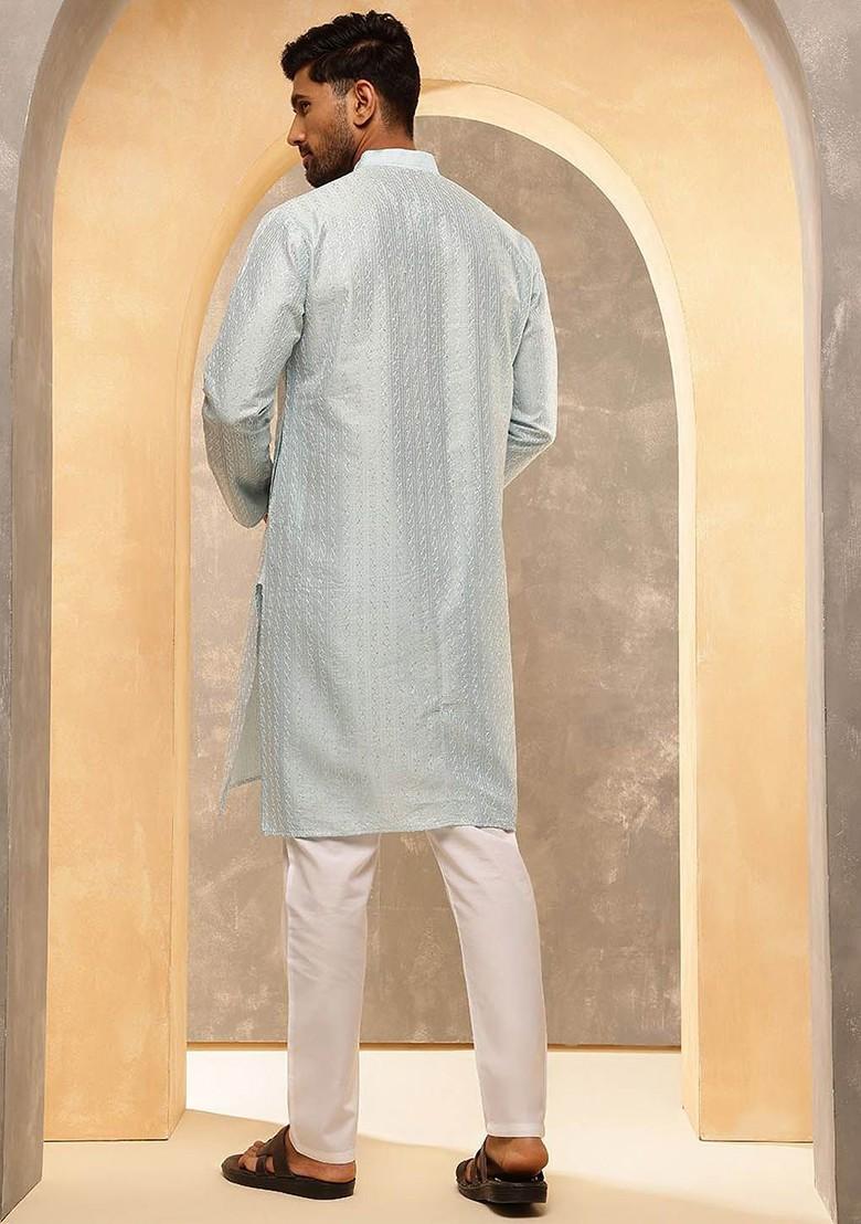 Turquoise Blue Striped Poly Blend Kurta Set For Men