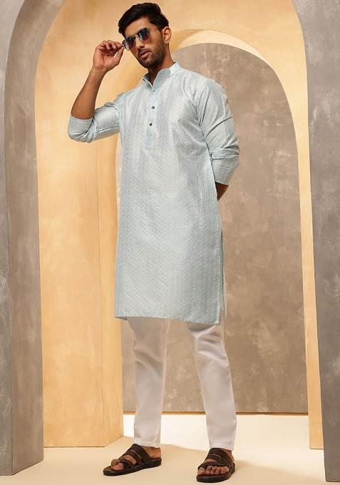 Turquoise Blue Striped Poly Blend Kurta Set For Men — view on Indya