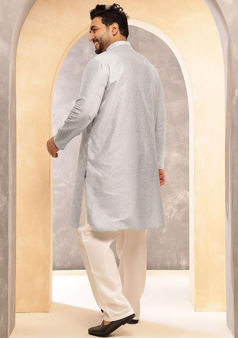 Grey Striped Poly Blend Kurta Set For Men