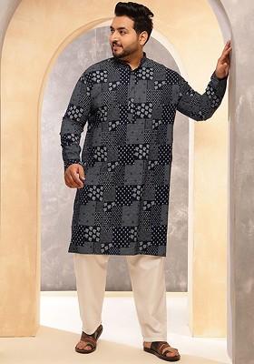 Navy Blue Printed Poly Blend Kurta Set For Men
