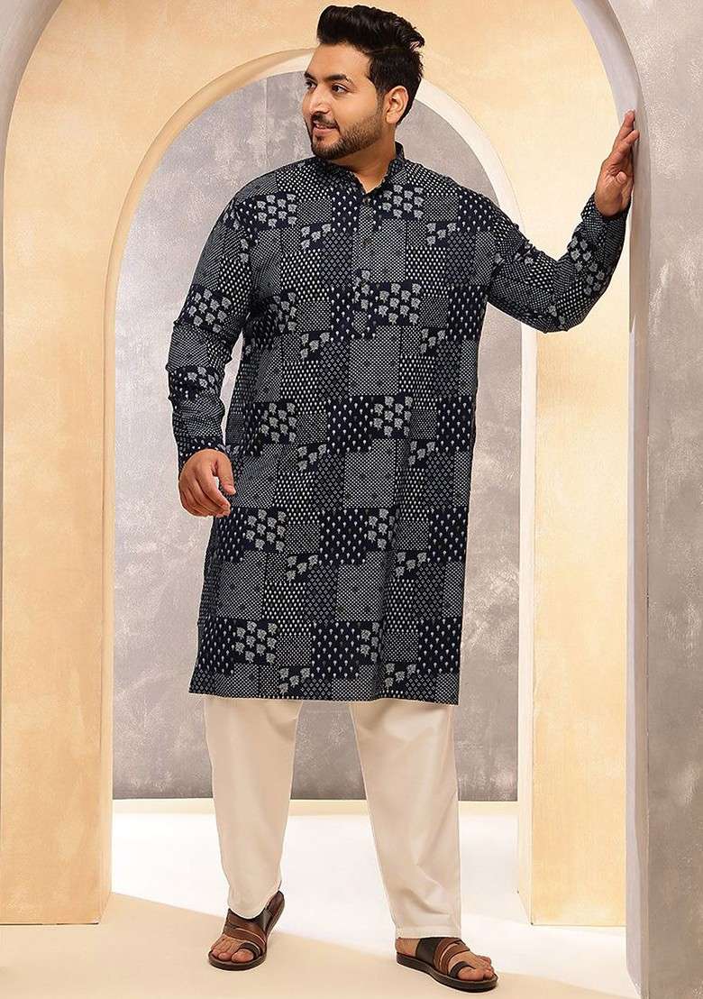 Navy Blue Printed Poly Blend Kurta Set For Men - Indya