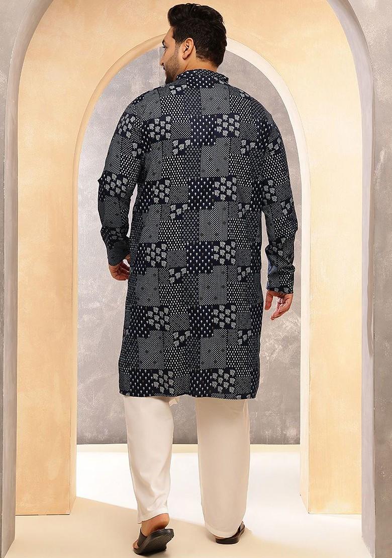 Navy Blue Printed Poly Blend Kurta Set For Men