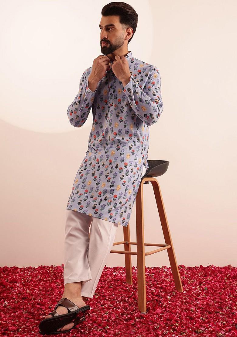 Blue Printed Poly Blend Kurta Set For Men