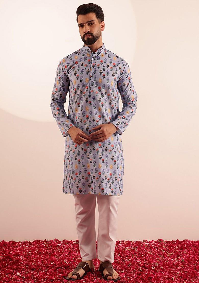 Blue Printed Poly Blend Kurta Set For Men
