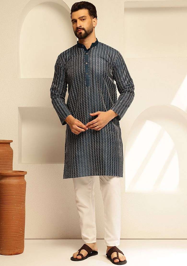 Navy Blue Thread Work Poly Blend Kurta Set For Men - Indya