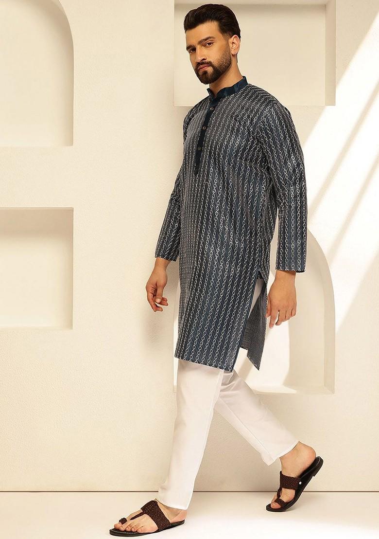 Navy Blue Thread Work Poly Blend Kurta Set For Men