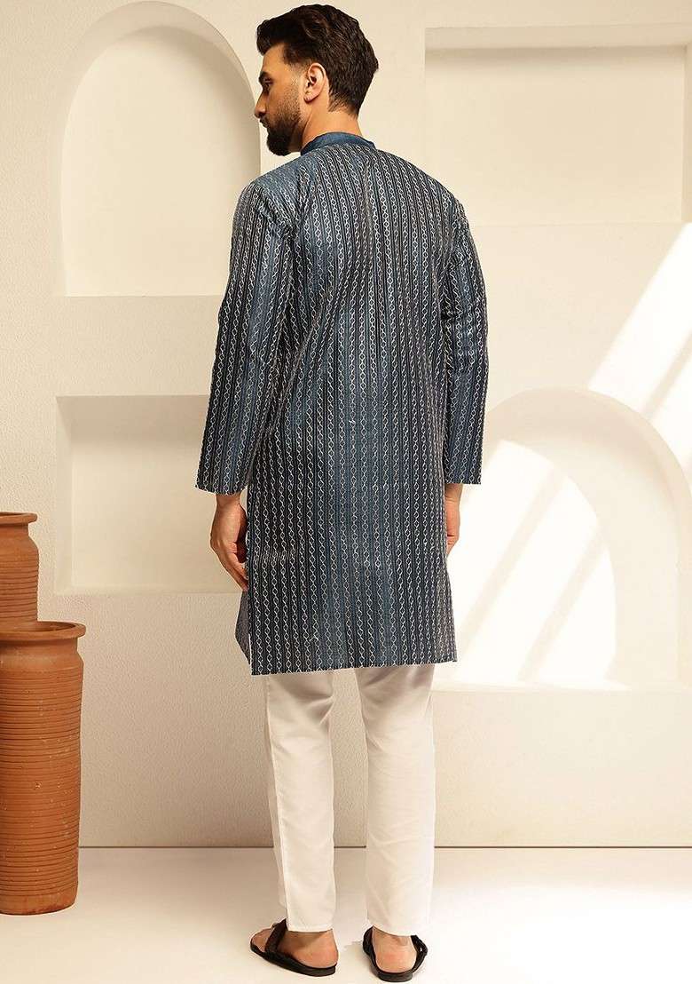 Navy Blue Thread Work Poly Blend Kurta Set For Men - Indya