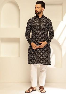 Black Thread Work Poly Blend Kurta Set For Men