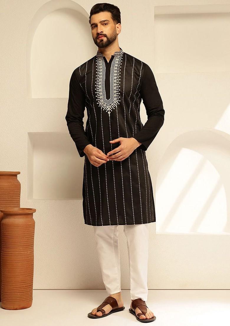 Black Thread Work Poly Blend Kurta Set For Men