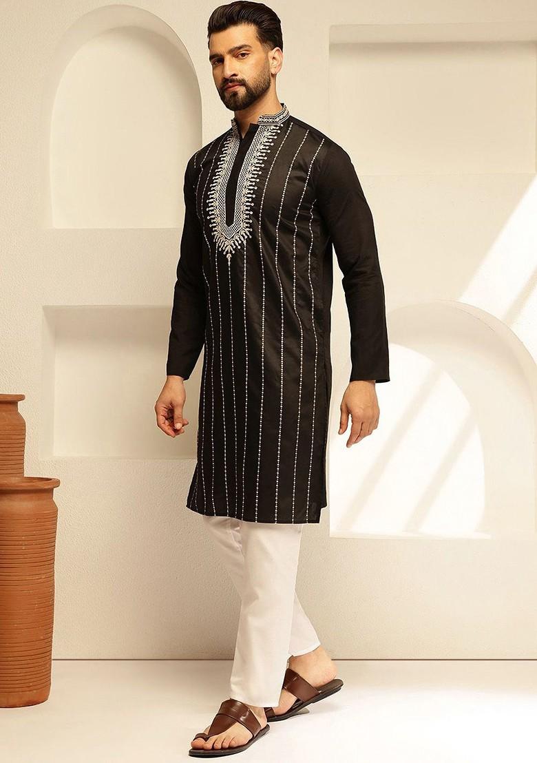 Black Thread Work Poly Blend Kurta Set For Men