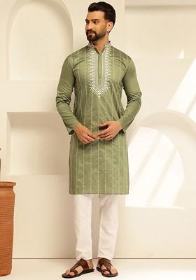 Green Thread Work Poly Blend Kurta Set For Men