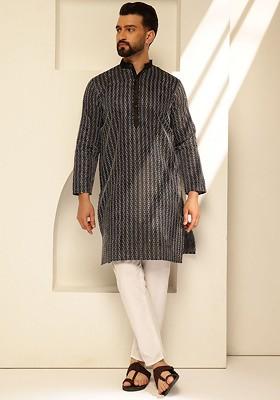 Black Thread Work Poly Blend Kurta Set For Men