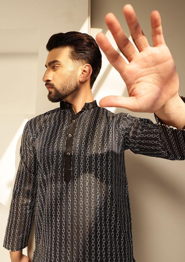 Black Thread Work Poly Blend Kurta Set For Men