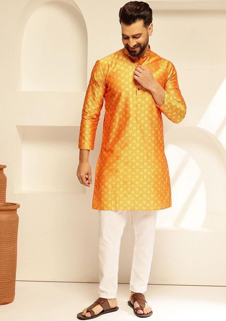 Yellow Thread Work Poly Blend Kurta Set For Men