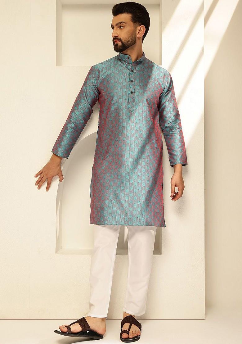 Blue Thread Work Poly Blend Kurta Set For Men