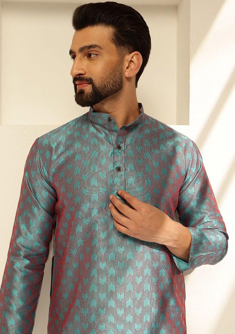Blue Thread Work Poly Blend Kurta Set For Men