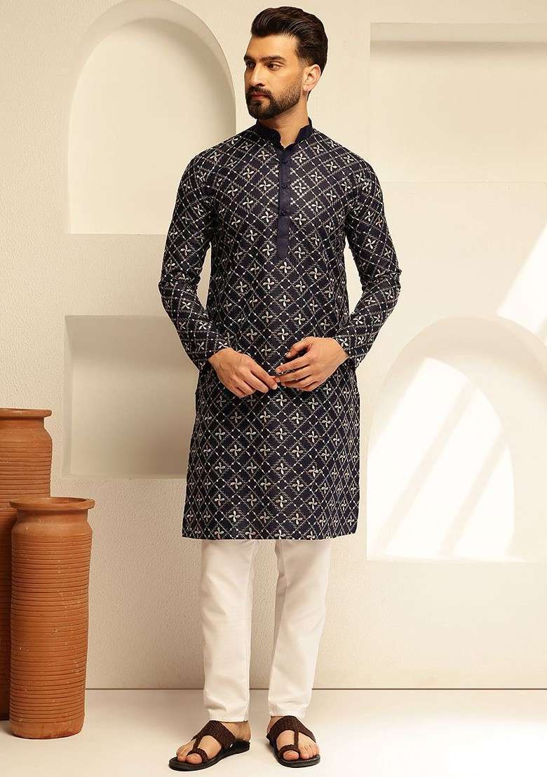 Navy Blue Thread Work Poly Blend Kurta Set For Men - Indya