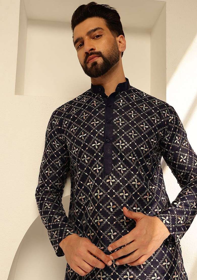 Navy Blue Thread Work Poly Blend Kurta Set For Men - Indya