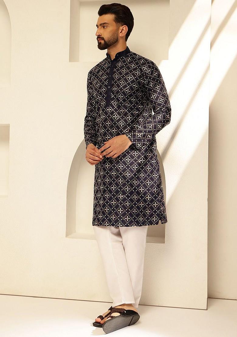 Navy Blue Thread Work Poly Blend Kurta Set For Men