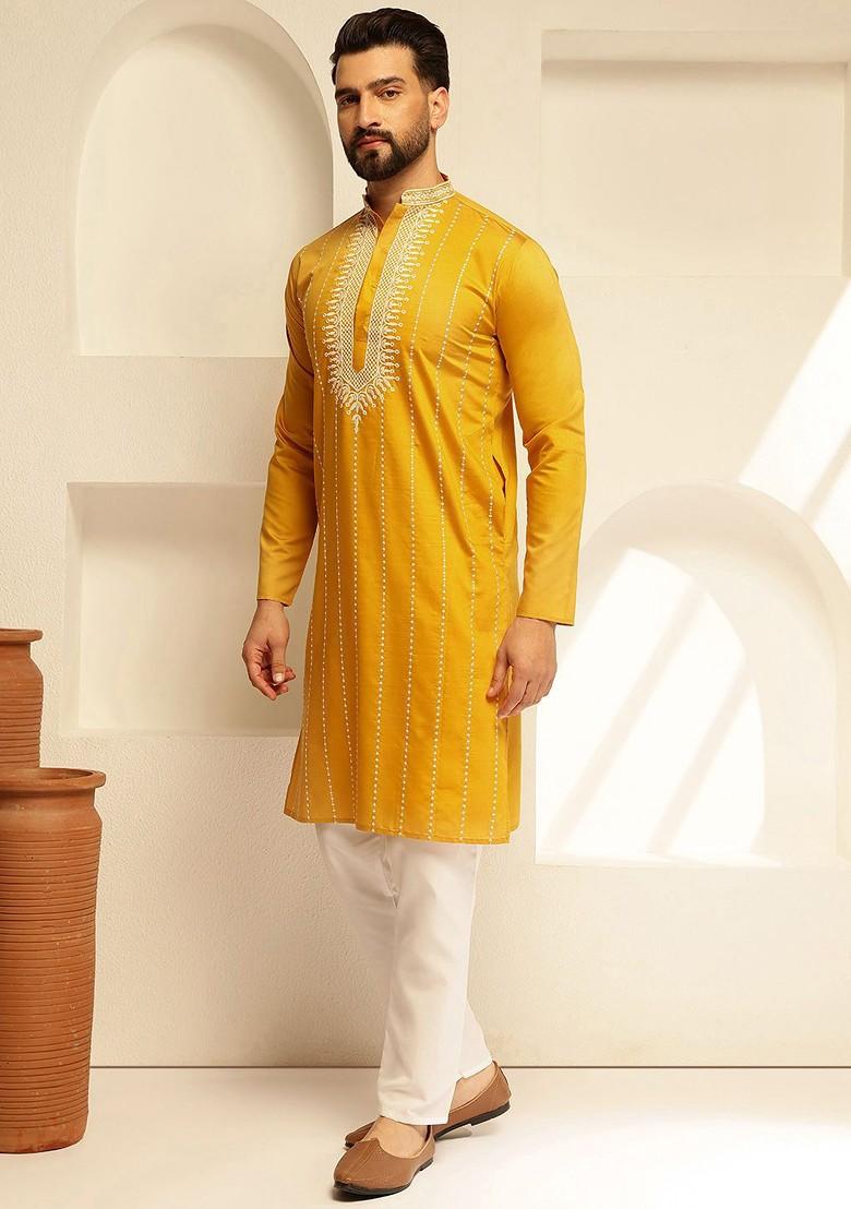 Mustard Thread Work Poly Blend Kurta Set For Men