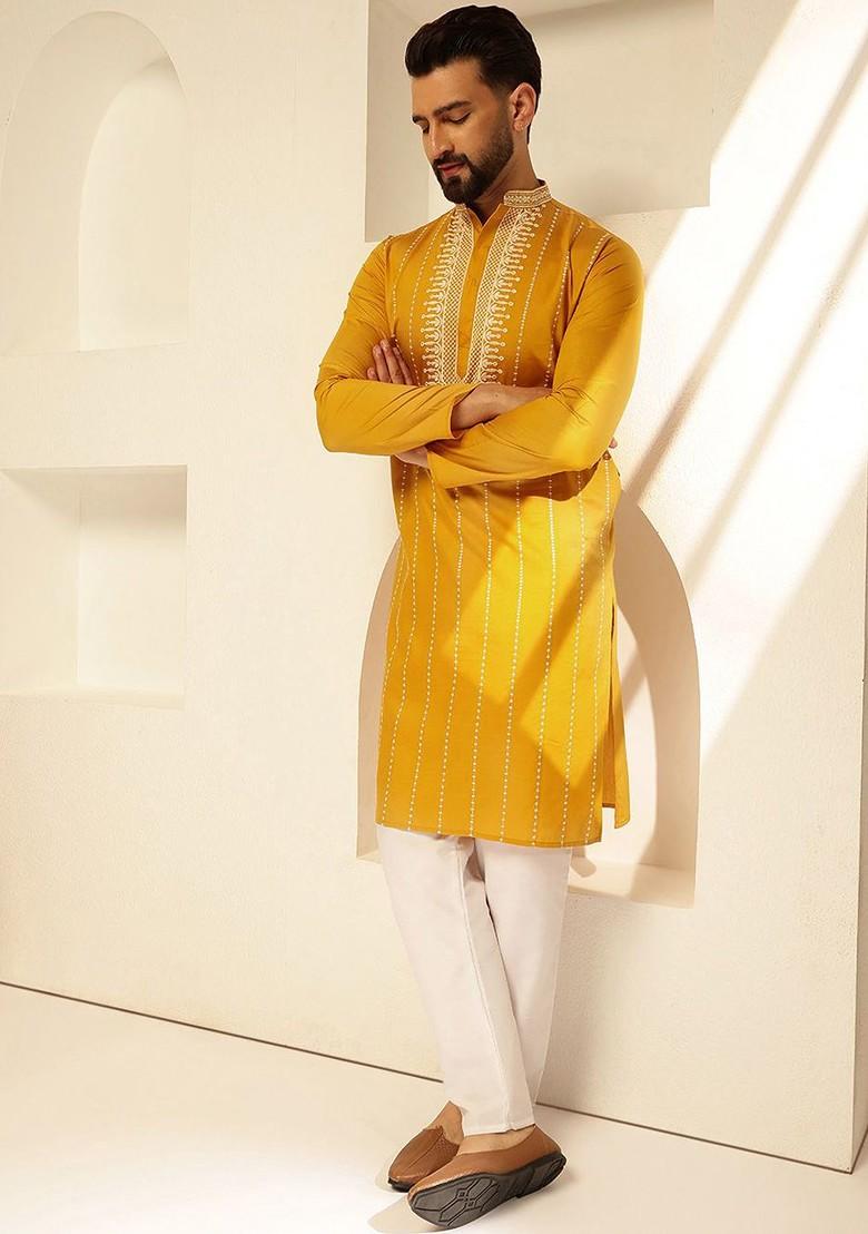 Mustard Thread Work Poly Blend Kurta Set For Men