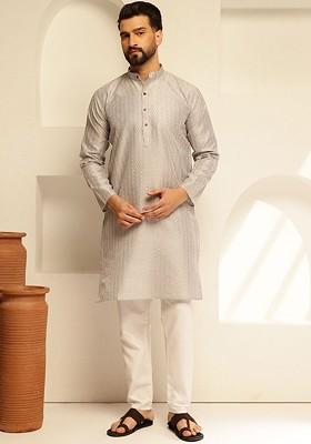 Grey Thread Work Poly Blend Kurta Set For Men